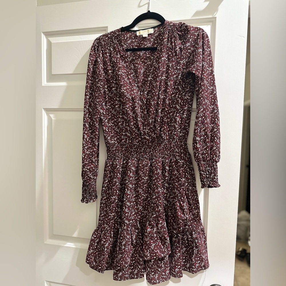 Michael Michael Kora mini dress ruffle hem, faux wrap dress with smocked waist
